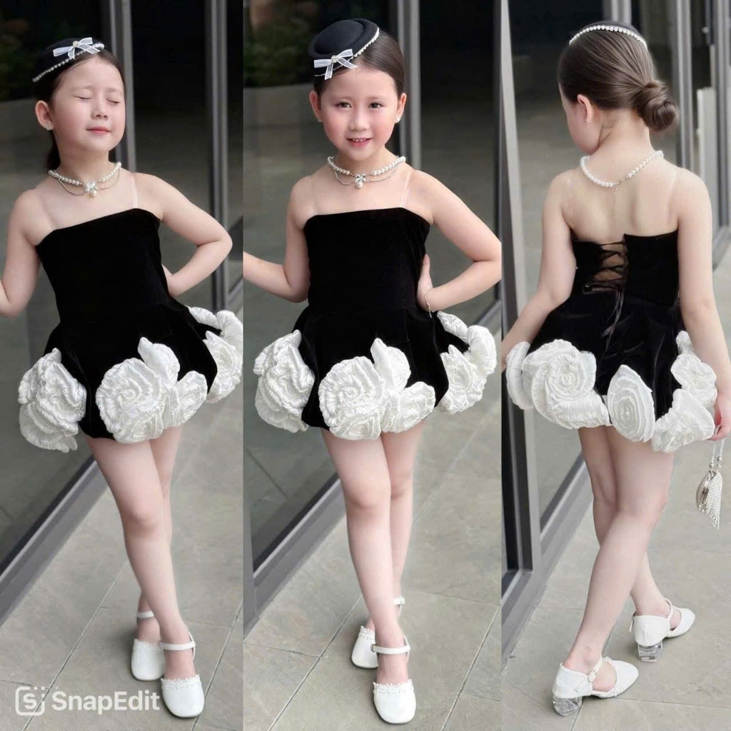 Đầm cúp ngực cho bé gái màu trắng màu đen pha trắng kiểu dáng tiểu thư sang chảnh chụp ảnh dự tiệc,cho bé và mẹ 13-56kg