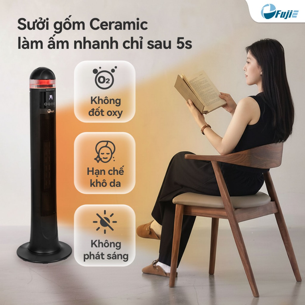 Máy sưởi nhanh bằng gốm FUJIE VH221 Nhập Khẩu, Máy sưởi điều khiển giọng nói và tạo ẩm phun sương