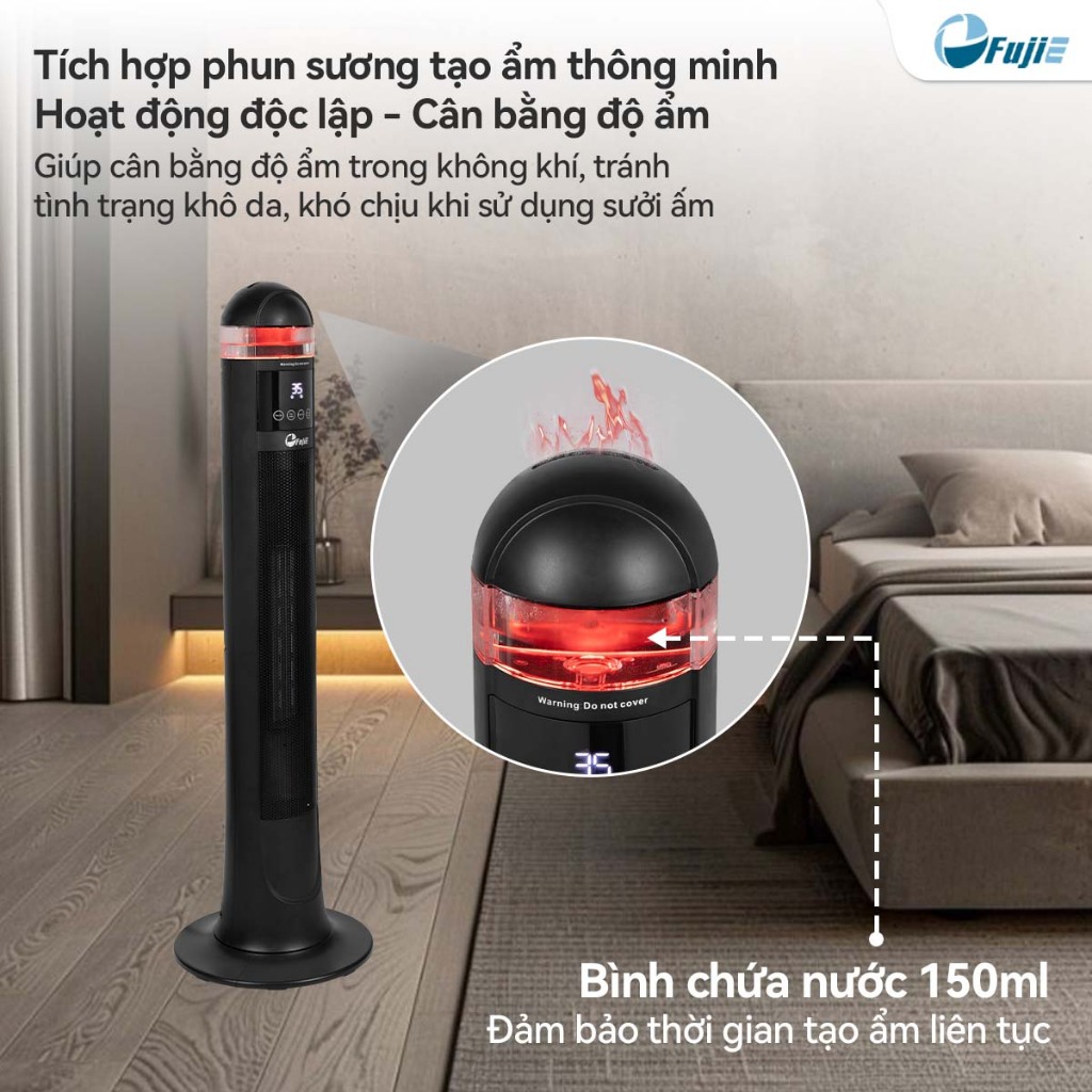 Máy sưởi nhanh bằng gốm FUJIE VH221 Nhập Khẩu, Máy sưởi điều khiển giọng nói và tạo ẩm phun sương