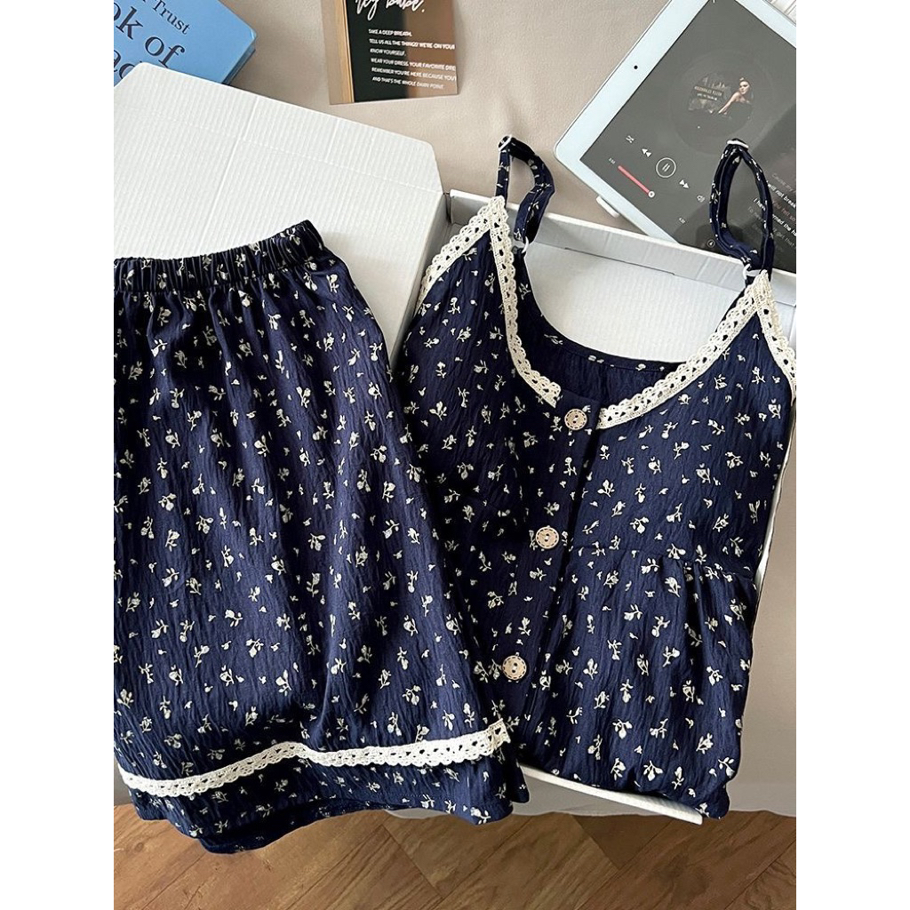 [ẢNH THẬT+HOẢ TỐC]-Bộ ngủ hoa nhí xanh than nhẹ nhàng mà vẫn đáng yêu-Size M-2XL