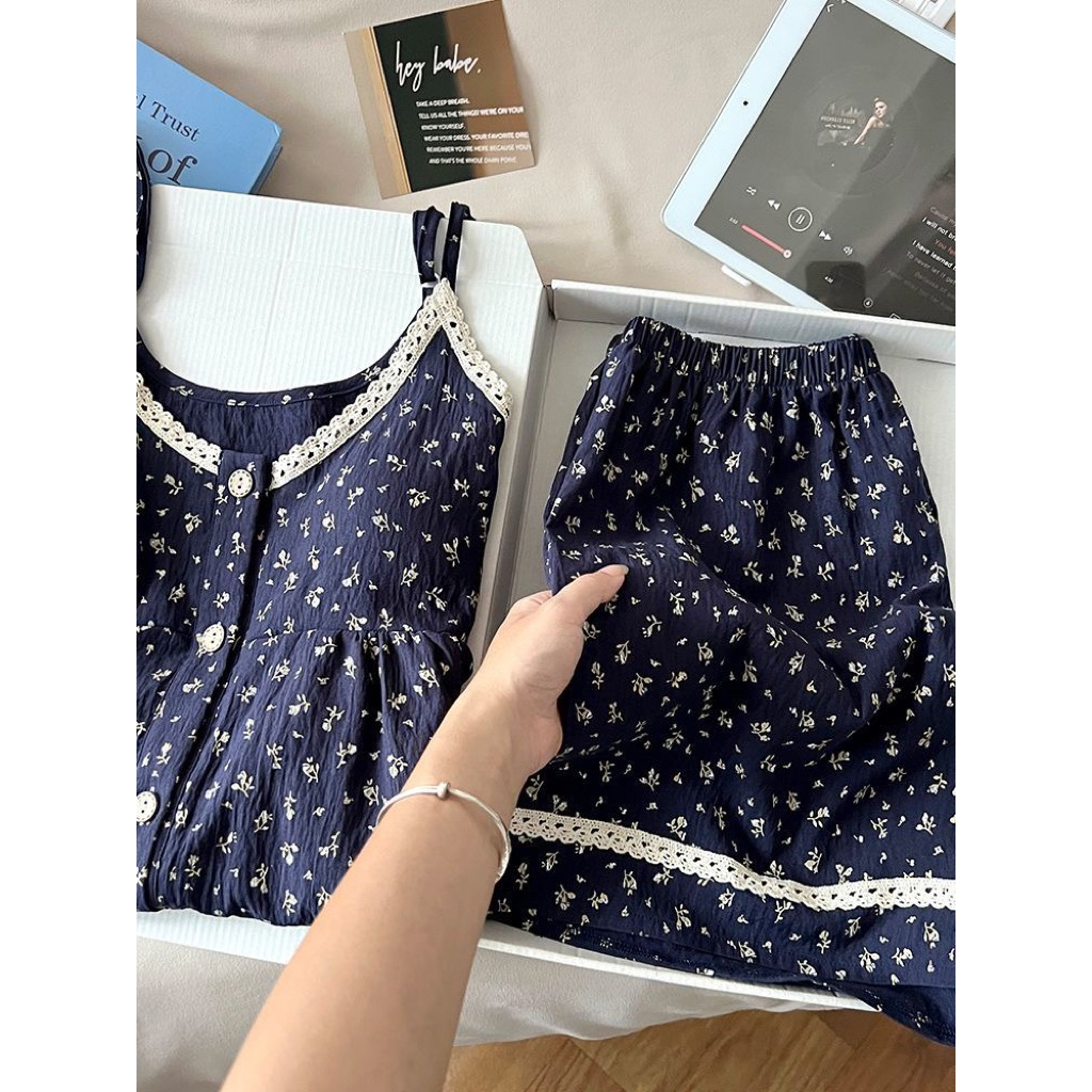 [ẢNH THẬT+HOẢ TỐC]-Bộ ngủ hoa nhí xanh than nhẹ nhàng mà vẫn đáng yêu-Size M-2XL