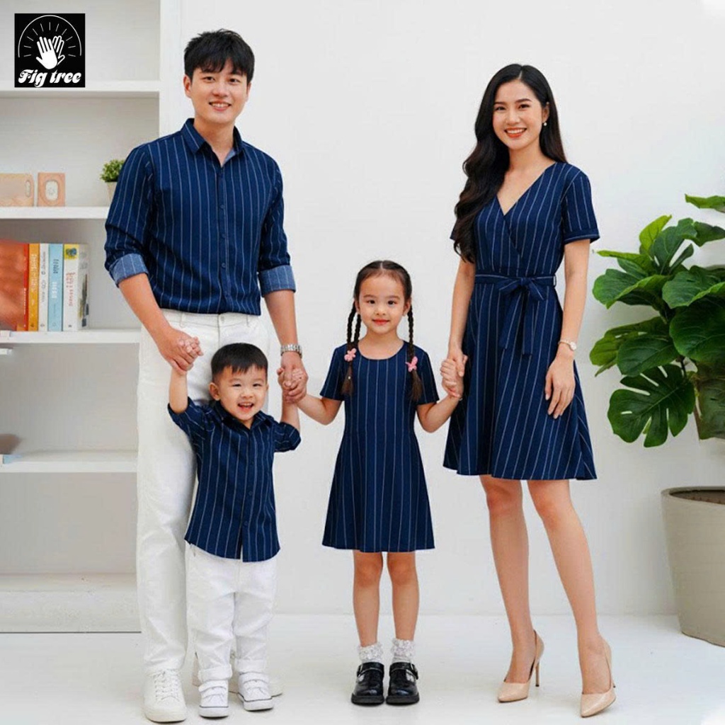 Đồng Phục Sơ Mi Váy Gia Đình Fig Tree Sọc Xanh Cao Cấp Sang Trọng, Chất mềm mát, Có size (Mã 145A)