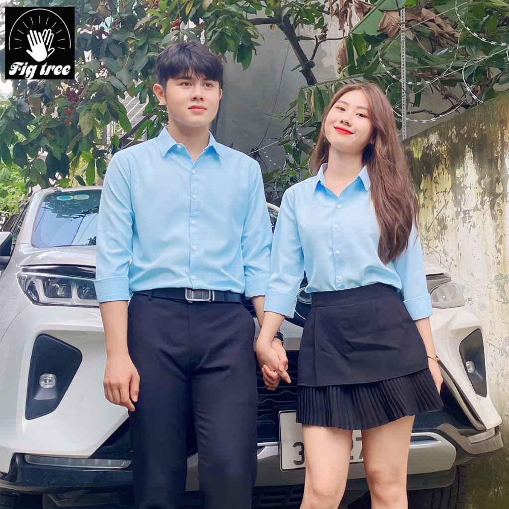 Áo Sơ Mi Cặp Đôi, Sơ Mi Nam Nữ Fig Tree Màu Xanh Nhạt Nhẹ Nhàng, Chất Cotton Trơn, Size 40-110kg