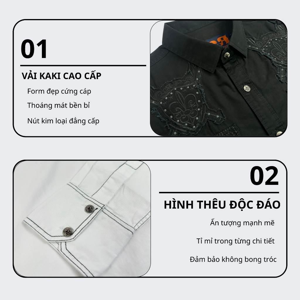 Sơ Mi Classic Nam Cao Cấp Thêu Họa Tiết Đại Bàng, Vải Kaki Cao Cấp, Cúc Kim Loại Đẳng Cấp 064