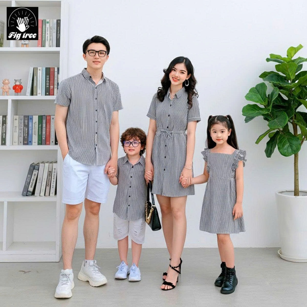 Combo Gia Đình Fig Tree Sọc Trắng Nền Đen Siêu Xinh, Chất cotton Co Giãn, Hàng thiết kế( MS 159)
