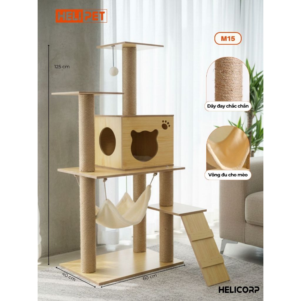 Nhà gỗ cattree cho mèo HELIPET nhà cây cào móng cho mèo, cây mèo cào móng chất lượng cao
