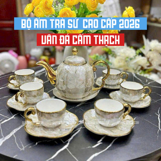 Bộ ấm trà sứ cao cấp VÂN ĐÁ CẨM THẠCH 2026, uống trà hoa cúc thưởng trà chiều, QUÀ TẶNG, HOME DECOR