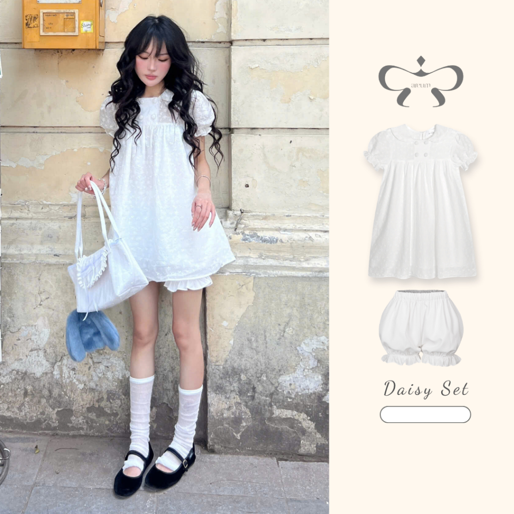 AREUM Set áo babydoll tay phồng DAISY x quần bí MOCHI bo chun