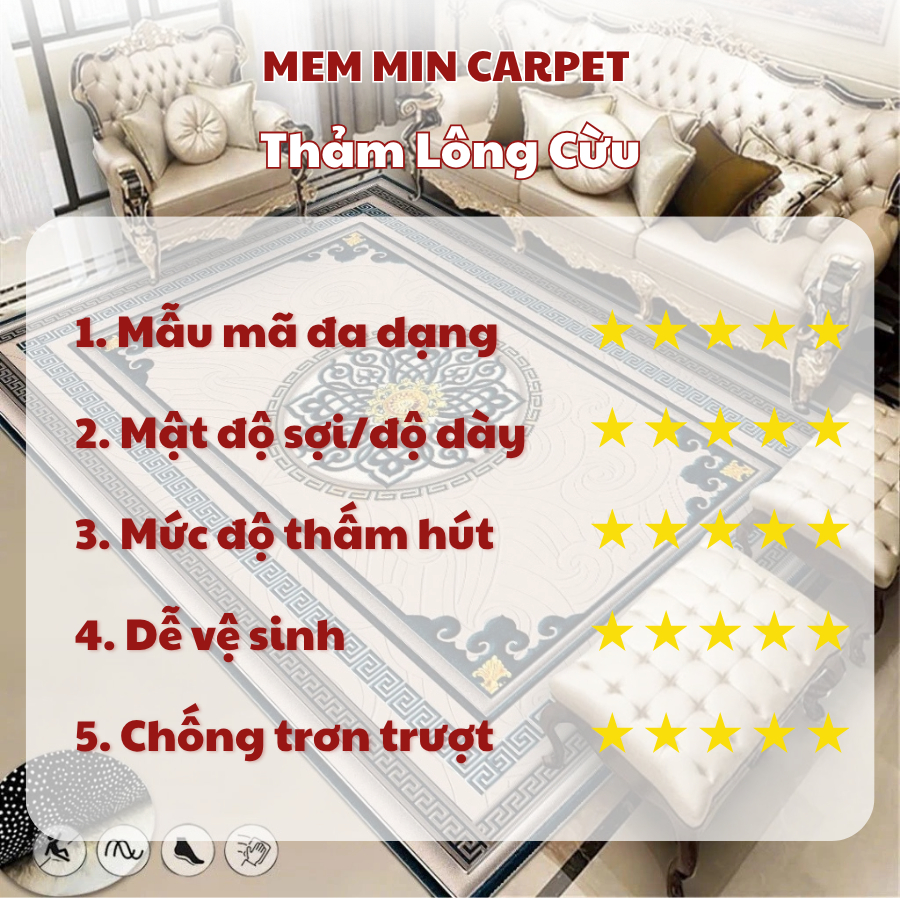 Thảm Lông Cừu Cổ Điển Êm Ái, Mềm Mượt, Không Rụng Lông Làm Mới Không Gian Sống - MemminCarpet - TH76