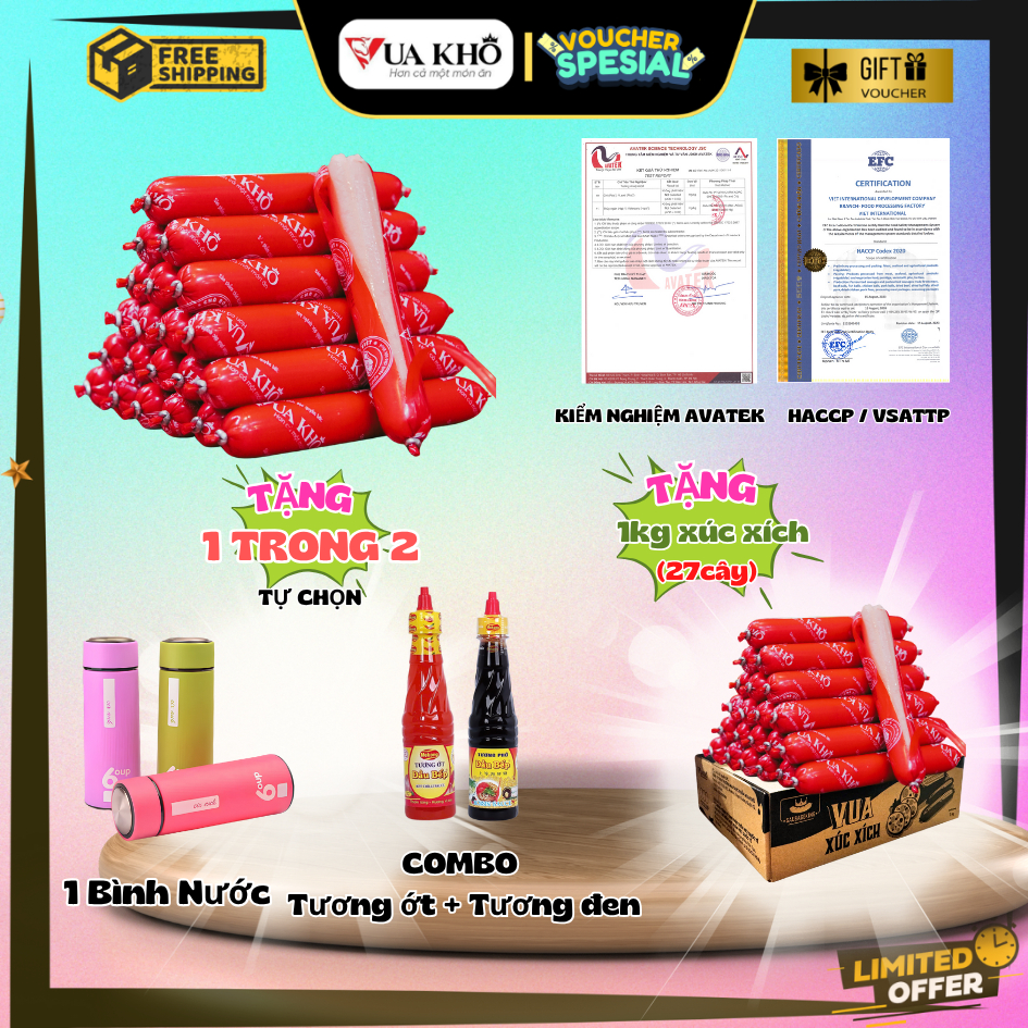 1KG Xúc Xích Vua Khô (35g/cây), Mua 1KG tặng 1KG+Bình Nước,thơm ngon, chắc thịt, không mặn, ăn vặt