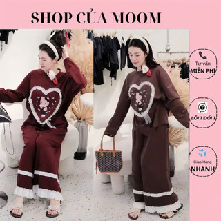 [Nhà Moom] Bộ Bầu Tay Dài đính Trái Tim hoạ tiết Hoạt Hình ,chân phối ren tiểu thư siêu xinh chất Zip loại đẹp