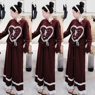 [Nhà Moom] Bộ Bầu Tay Dài đính Trái Tim hoạ tiết Hoạt Hình ,chân phối ren tiểu thư siêu xinh chất Zip loại đẹp
