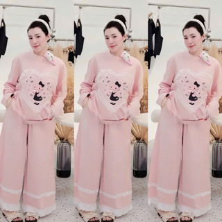 [Nhà Moom] Bộ Bầu Tay Dài đính Trái Tim hoạ tiết Hoạt Hình ,chân phối ren tiểu thư siêu xinh chất Zip loại đẹp