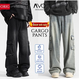 Quần Bò Jeans nam nữ baggy ống xuông Túi hộp Cargo Pants rộng Unisex Bigsize  Avocado