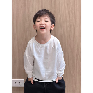 Áo thun dài tay thu đông cotton co giãn 4 chiều bé trai bé gái Batala Kids, ÁO THUN DÀI TRẮNG ĐEN CẮT XOẢ GẤU 2025