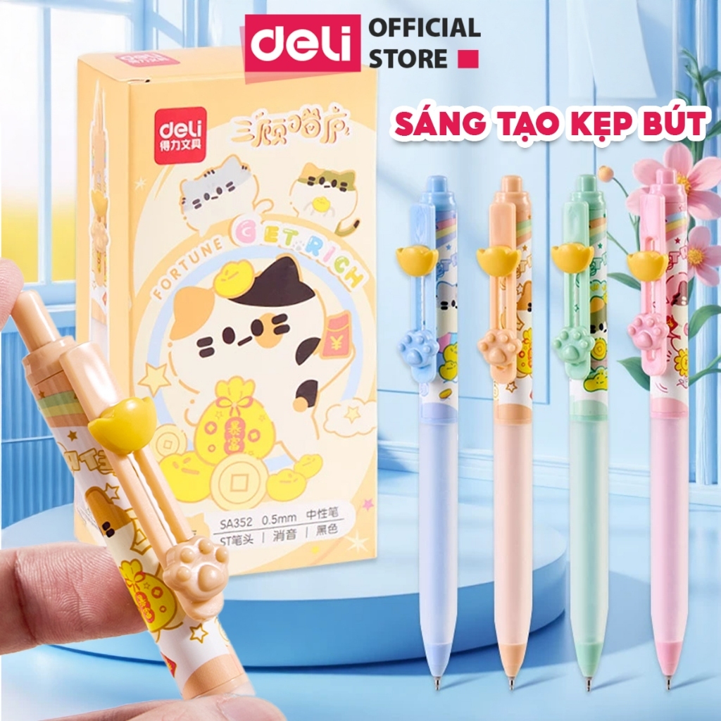 Combo Bút Gel Bấm Deli Họa Tiết Dễ Thương Định Vị Tay Cầm0.5mm ST Mực Đen Thiết Kế Màu Kẹo Bắt Mắt