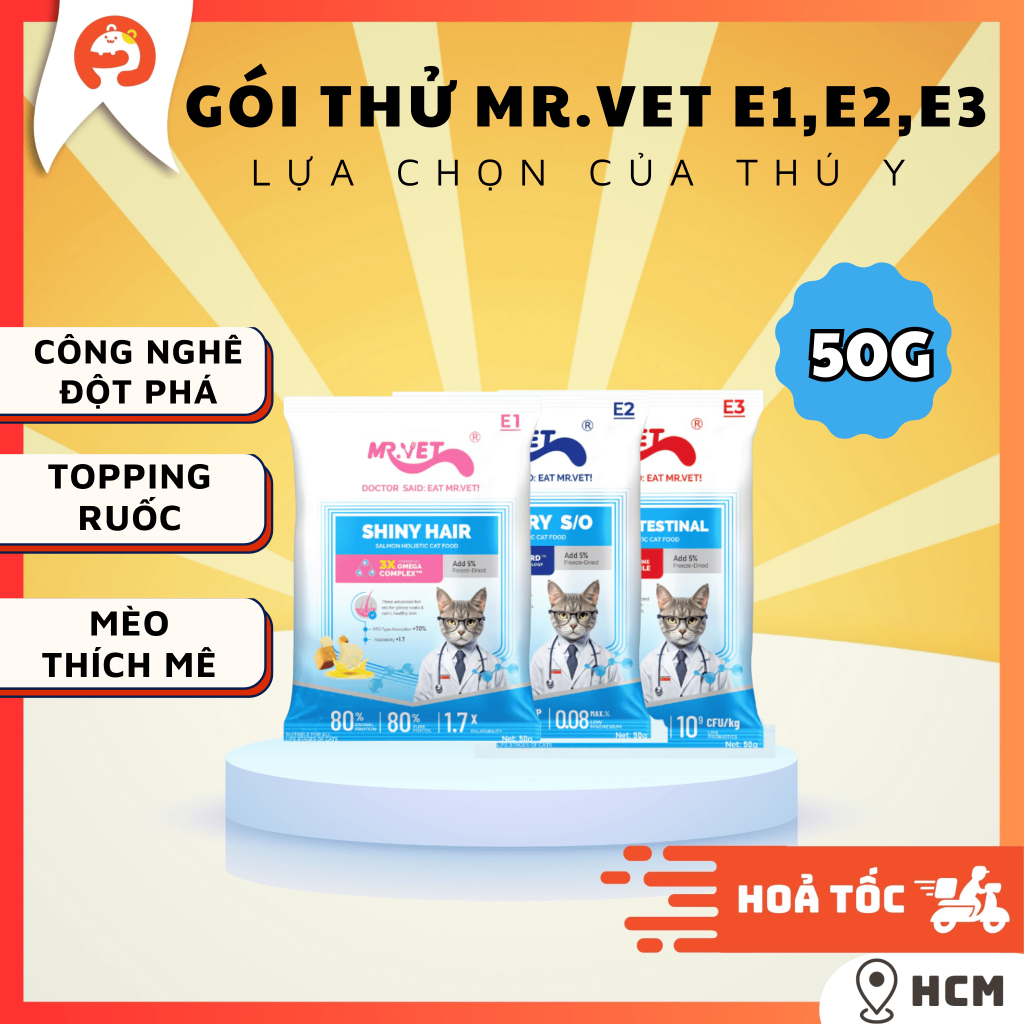 Gói Hạt Mr.Vet E1,E2,E3 Gói Thử 50g cho Mèo ở Mọi Lứa Tuổi-Có Topping Thịt Sấy