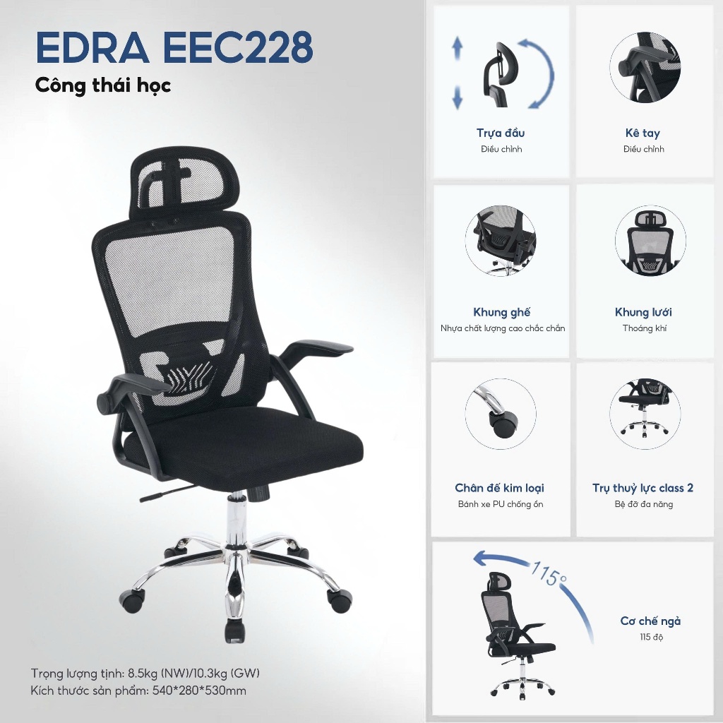 Ghế Công Thái Học EEC228 Ghế Văn Phòng Lưng Lưới Thoáng Khí, Tựa Đầu Kê Tay Điều Chỉnh, Chân Kim Loại Bảo Hành 1 Năm | BigBuy360 - bigbuy360.vn