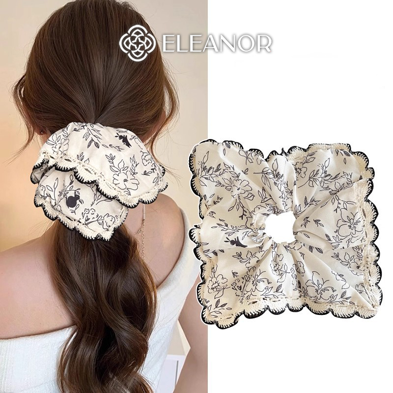 Dây buộc tóc nữ scrunchies Eleanor Accessories họa tiết hoa lá viền đen phụ kiện tóc cột tóc 10680