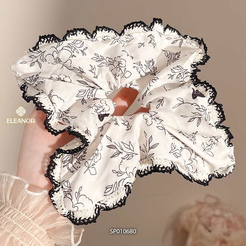 Dây buộc tóc nữ scrunchies Eleanor Accessories họa tiết hoa lá viền đen phụ kiện tóc cột tóc 10680