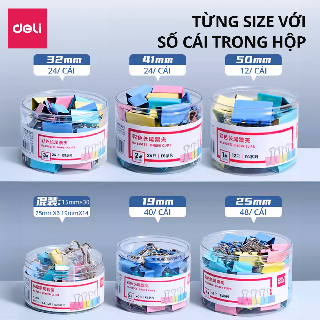 Kẹp Bướm Màu Deli 15mm 19mm 25mm 32mm 41mm 51mm Kẹp Giấy Ghi Chú, Tài Liệu, Văn Phòng Tiện Lợi
