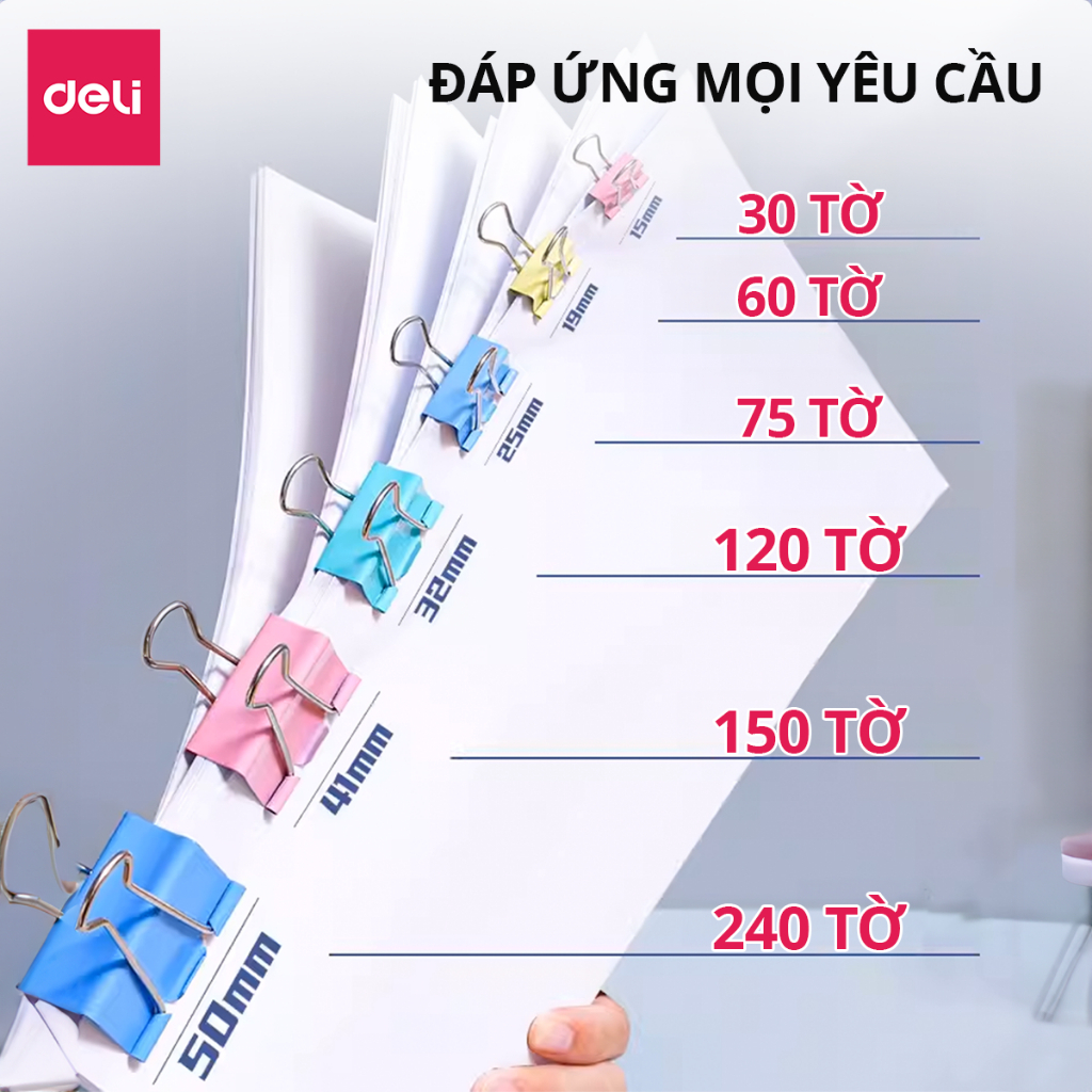 Kẹp Bướm Màu Deli 15mm 19mm 25mm 32mm 41mm 51mm Kẹp Giấy Ghi Chú, Tài Liệu, Văn Phòng Tiện Lợi