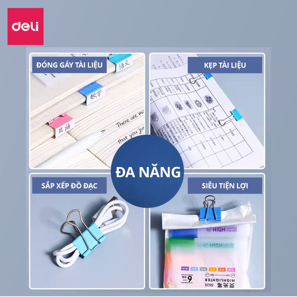 Kẹp Bướm Màu Deli 15mm 19mm 25mm 32mm 41mm 51mm Kẹp Giấy Ghi Chú, Tài Liệu, Văn Phòng Tiện Lợi