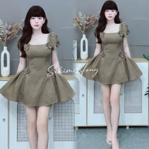 váy xước hàn dập bông nổi cao cấp đi tiệc, váy tùng xòe tay búp dáng ngắn cổ vuông đính hoa sang trọng