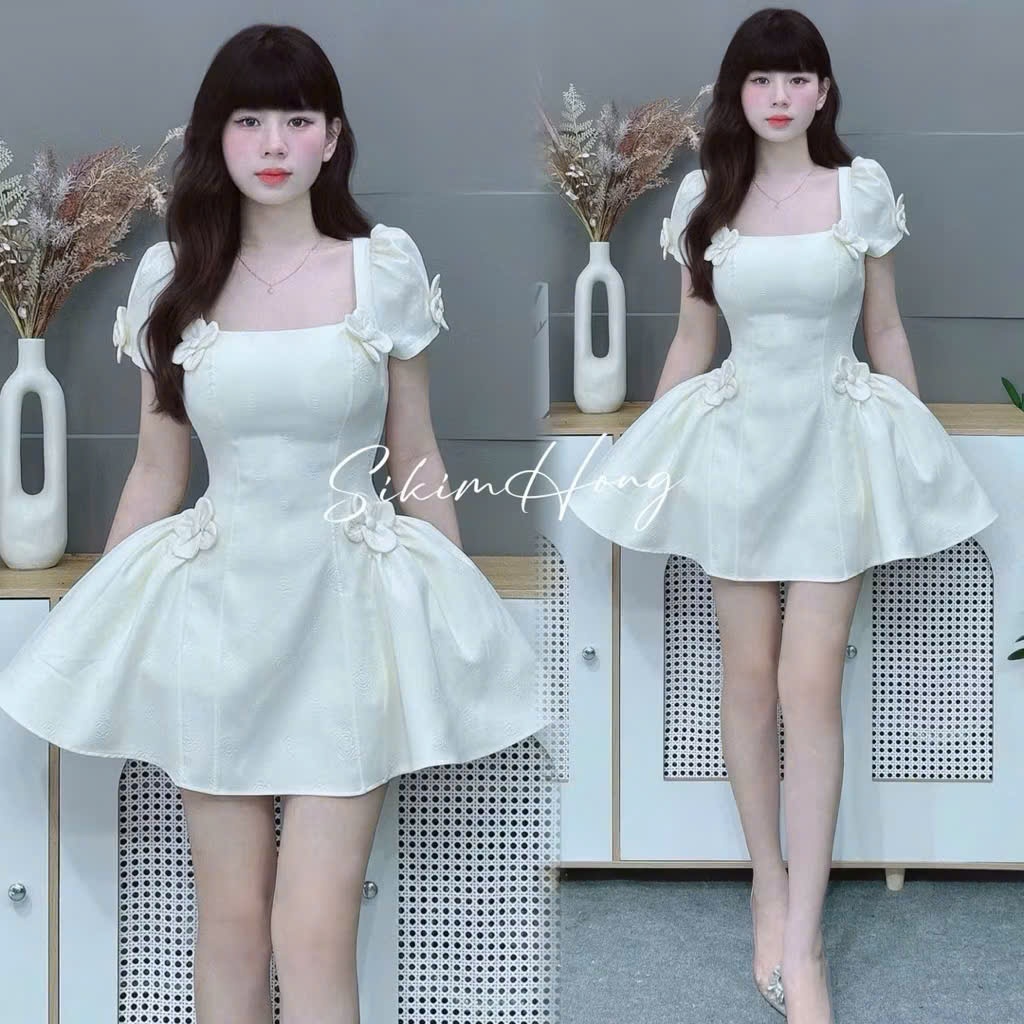 váy xước hàn dập bông nổi cao cấp đi tiệc, váy tùng xòe tay búp dáng ngắn  cổ vuông đính hoa sang trọng