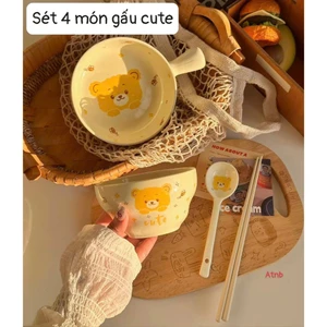 Set bát sứ có tay cầm 4 món hoạ tiết gấu cute,happy