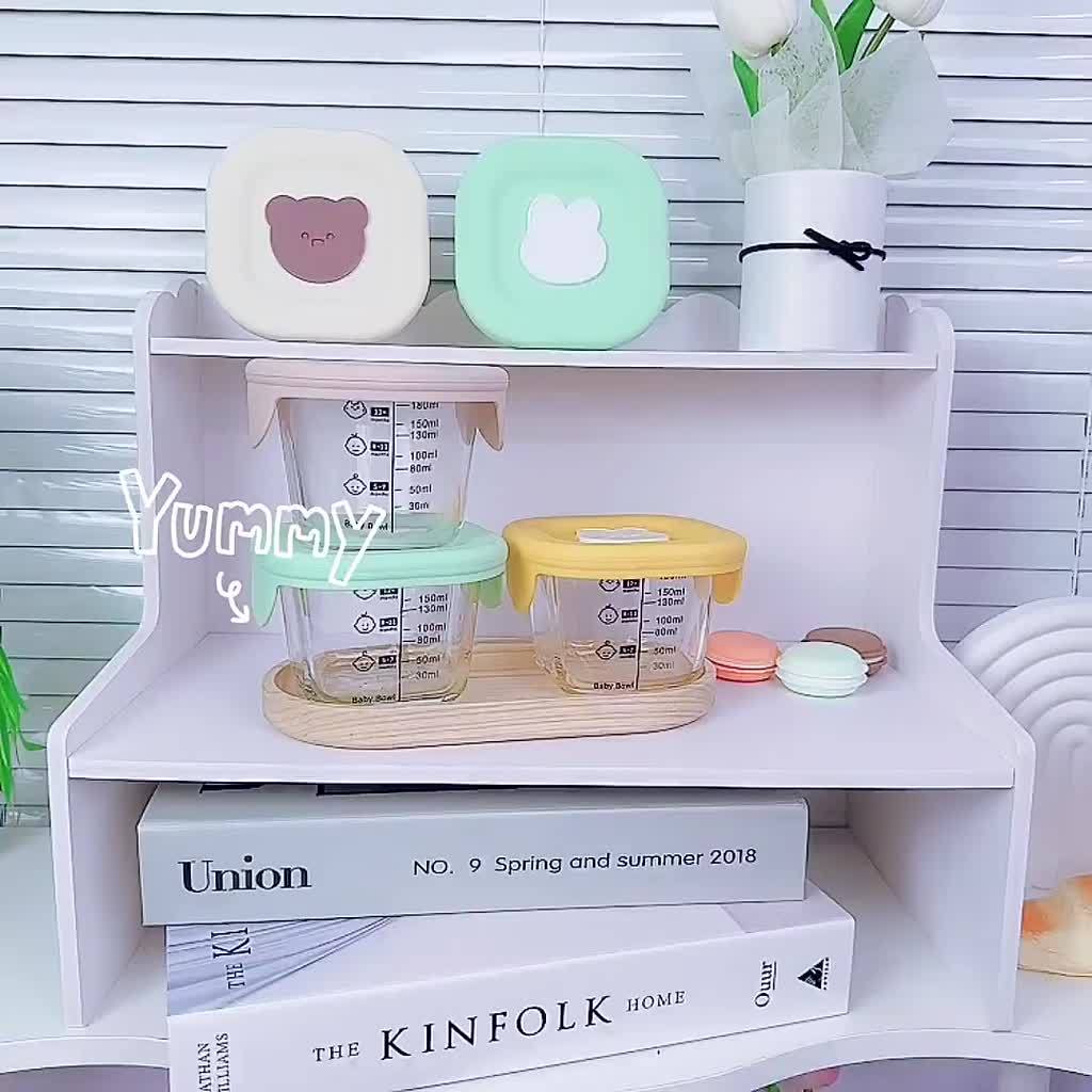 Hộp trữ đông thủy tinh ăn dặm cho bé có vạch chia 180ml nắp silicon, Hũ trữ đông đồ ăn dặm cho bé