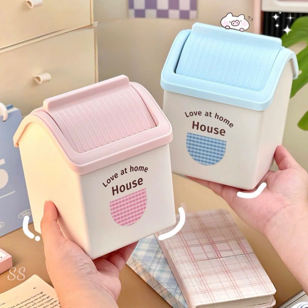 Thùng rác mini để bàn hình ngôi nhà có nắp đậy tiện lợi