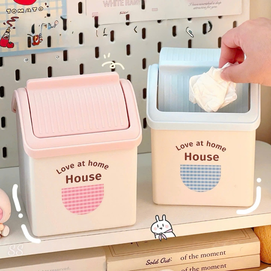 Thùng rác mini để bàn hình ngôi nhà có nắp đậy tiện lợi
