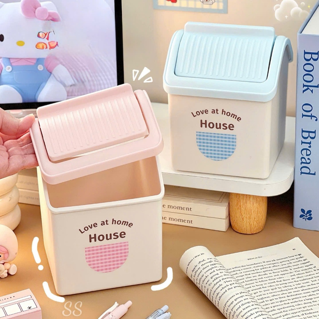 Thùng rác mini để bàn hình ngôi nhà có nắp đậy tiện lợi
