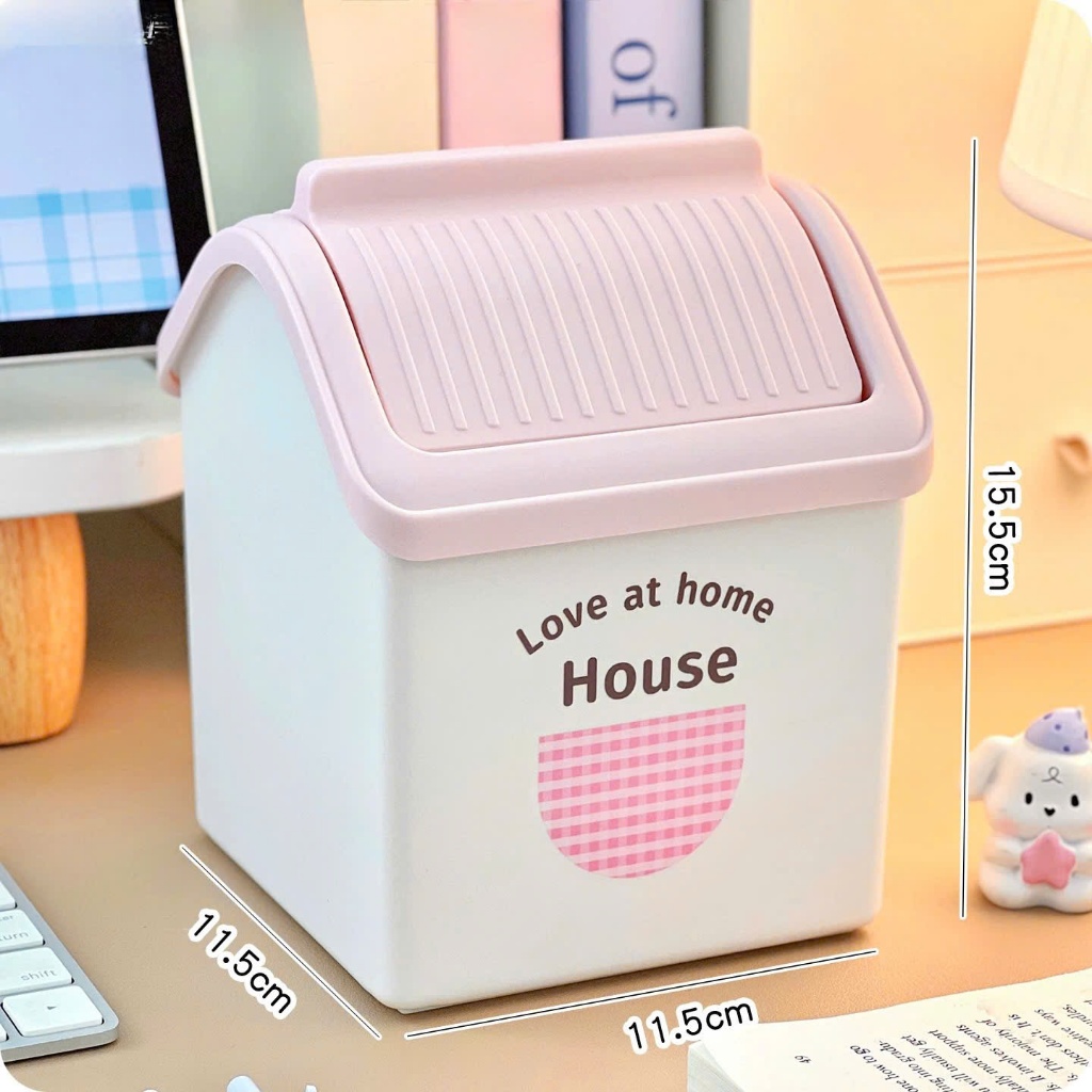 Thùng rác mini để bàn hình ngôi nhà có nắp đậy tiện lợi