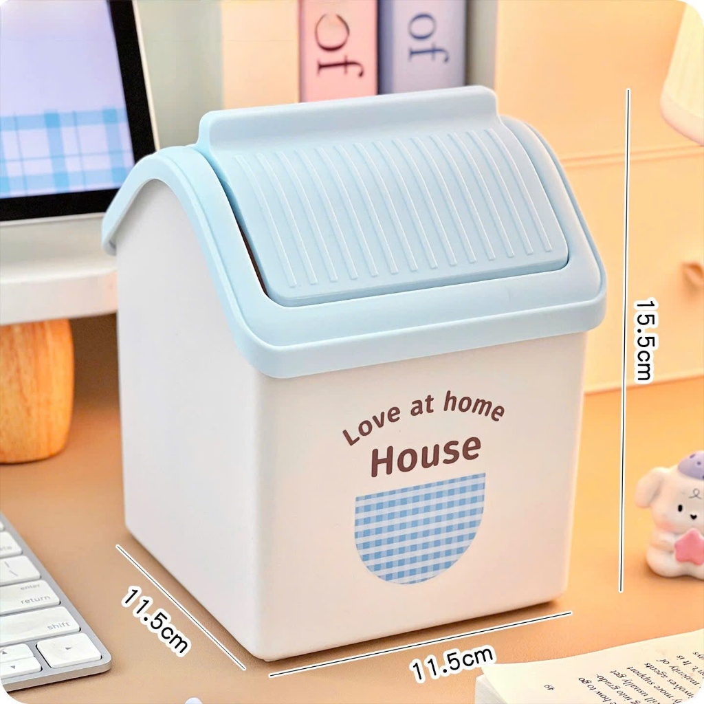 Thùng rác mini để bàn hình ngôi nhà có nắp đậy tiện lợi