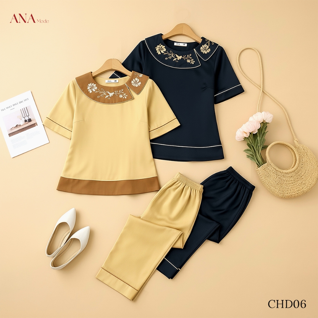 Đồ Bộ Thoáng Mát Trung Niên ANA Mode Chất Liệu Lụa Ánh Nhung Mềm Mịn Mát Ở Nhà Quà Tặng Mẹ DB25CHD06