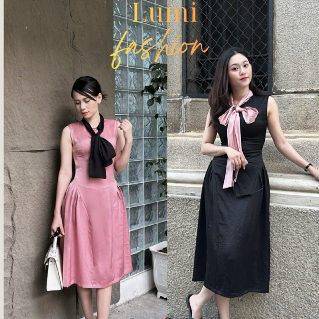 (Mới) LUMI – Đầm lụa nữ thiết kế dáng xòe phối nơ hồng sang chảnh, phù hợp đi tiệc, đi chơi