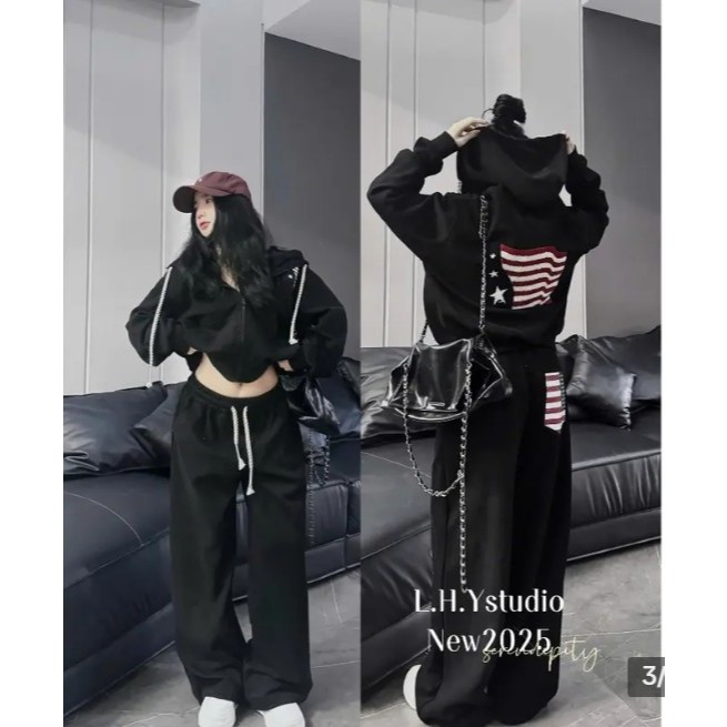 Bộ quần áo Nỉ cờ Hottrend 2026 In Lá cờ M.ỹ from rộng phối đồ mặc đi chơi xinh đẹp và sang chảnh