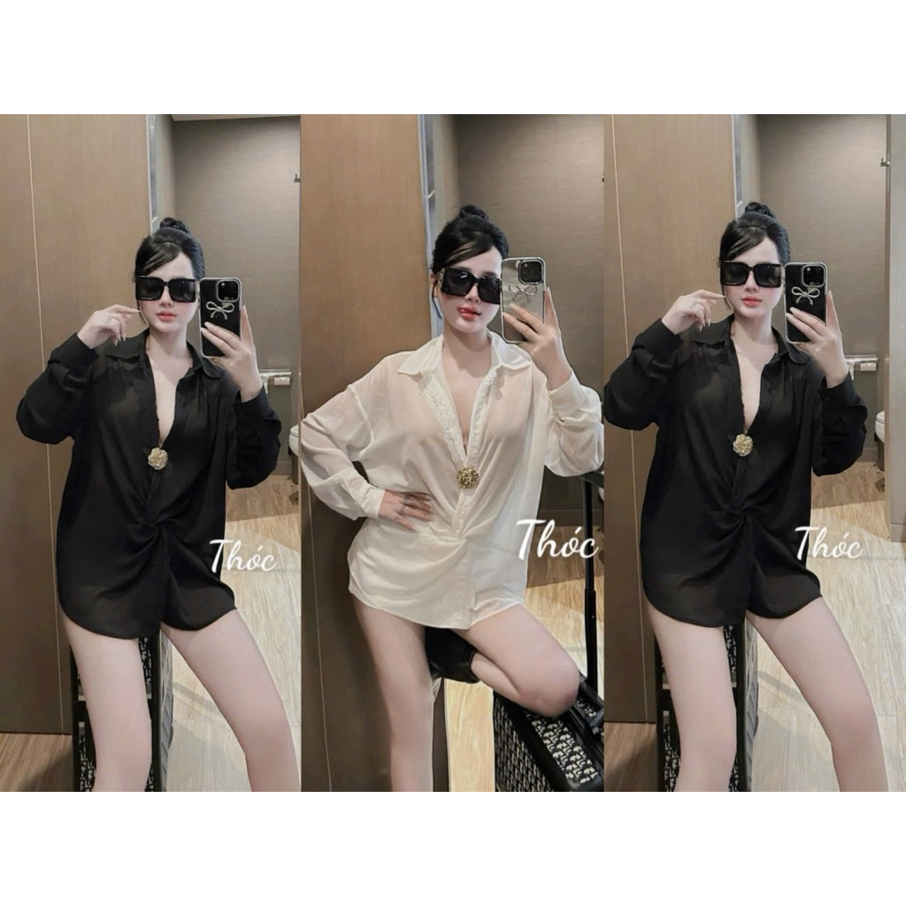 Áo sơmi phối viền ren kèm tag cài xinh