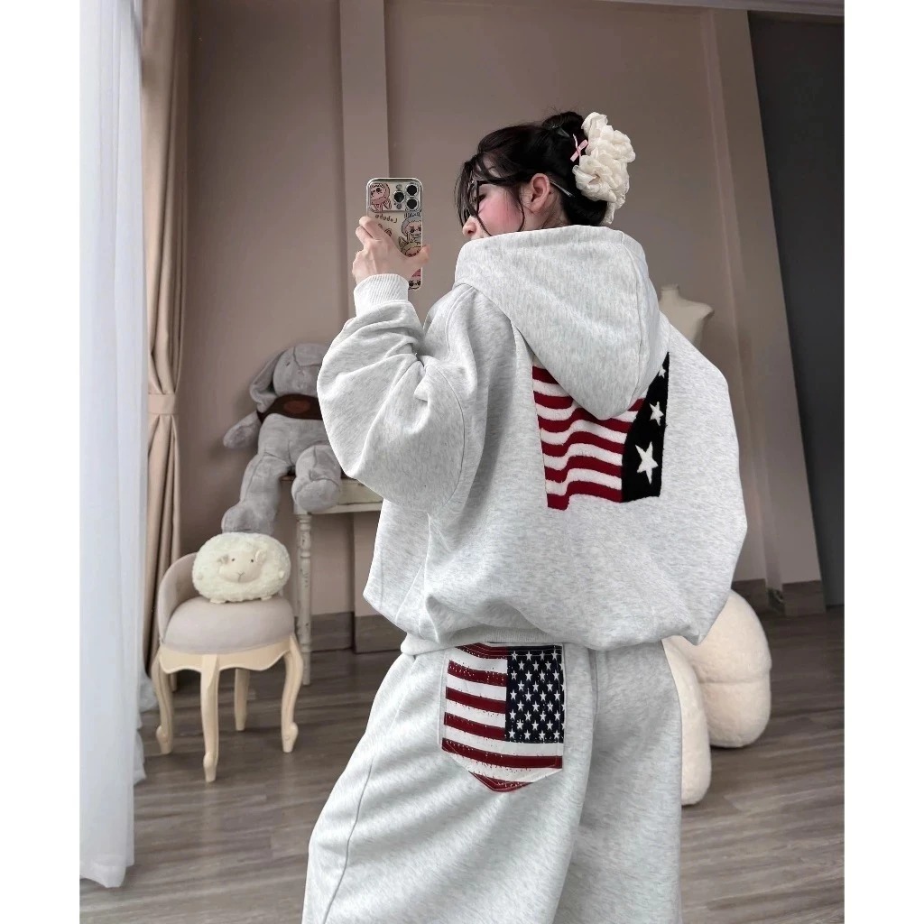 Bộ quần áo Nỉ cờ Hottrend 2026 In Lá cờ M.ỹ from rộng phối đồ mặc đi chơi xinh đẹp và sang chảnh