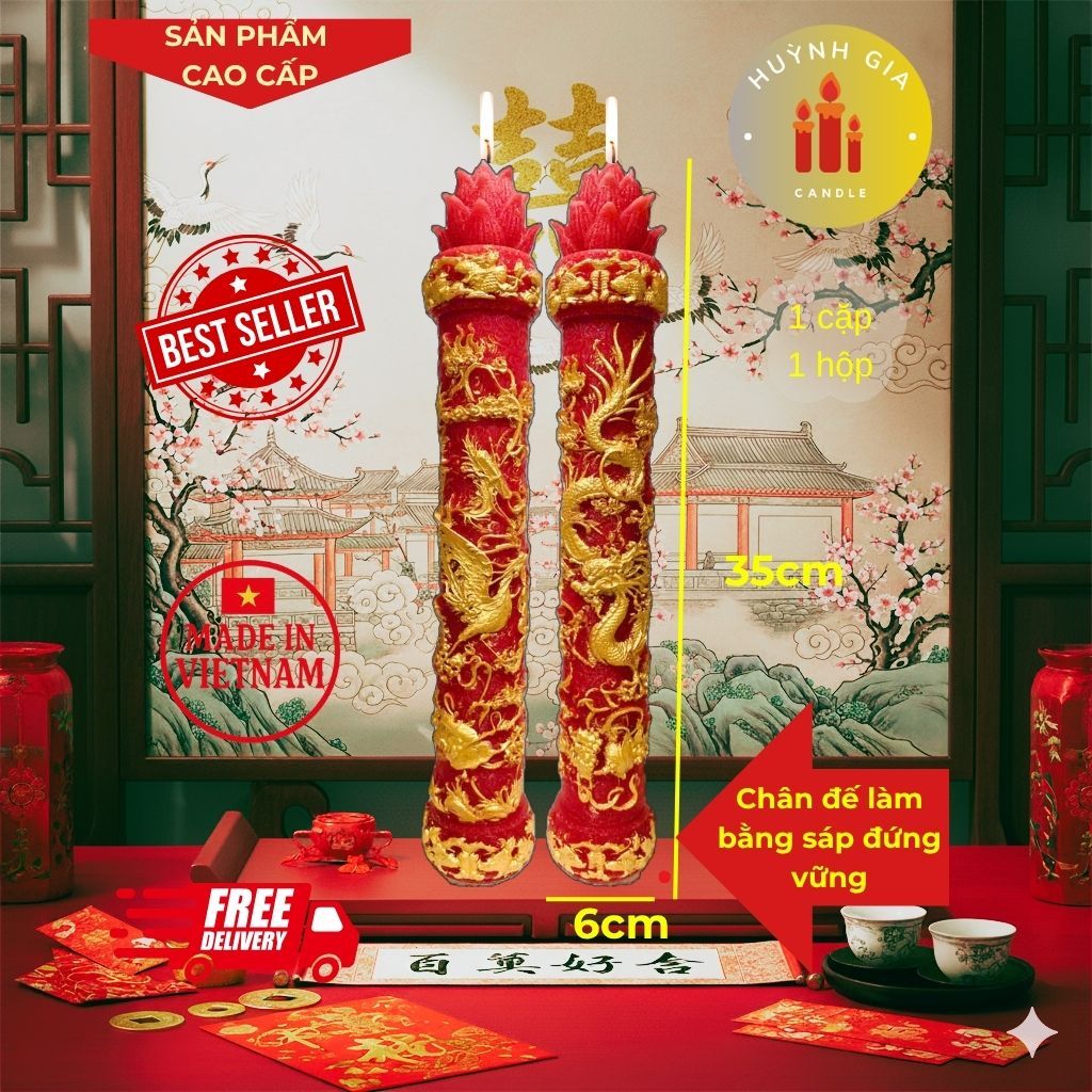 Nến Song Long Dâng Quan Thánh | Đèn Cầy Cúng Song Long | Nến Cúng Chùa - Huỳnh Gia Candle
