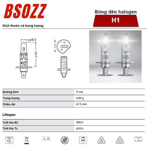 Bóng Đèn Halogen H1/ Đèn Pha H1 P14.5S Chip Osram (12V-55/100W) (24V-70/100W) BSOZZ-Made In Thailand