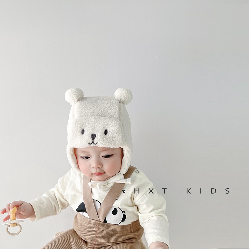 Sẵn - QCCC- Mũ Lông gấu trắng , nâu bên trong lót nhung ấm áp cho bé mặc mùa thu đông từ 0-3 tuổi