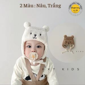 Sẵn - QCCC- Mũ Lông gấu trắng , nâu bên trong lót nhung ấm áp cho bé mặc mùa thu đông từ 0-3 tuổi