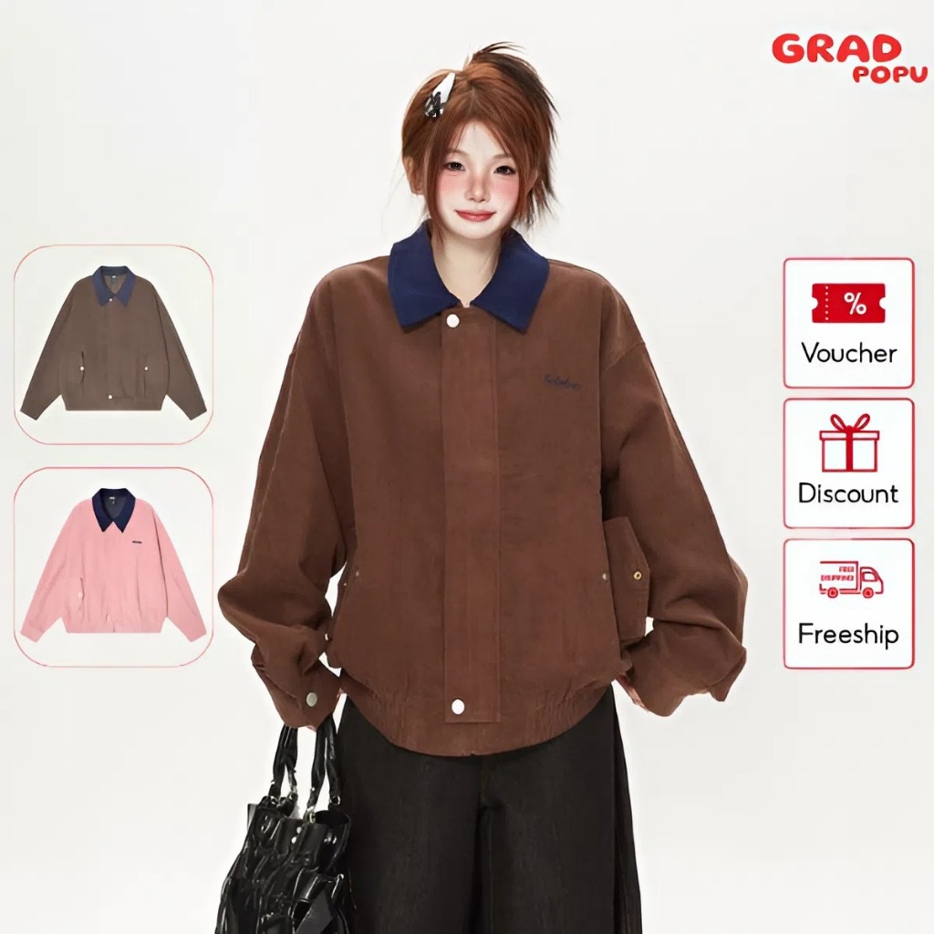 Áo khoác công sở GRADPOPU nhung kẻ TaelePlus phong cách cổ điển Mỹ dáng rộng đa năng unisex AK232