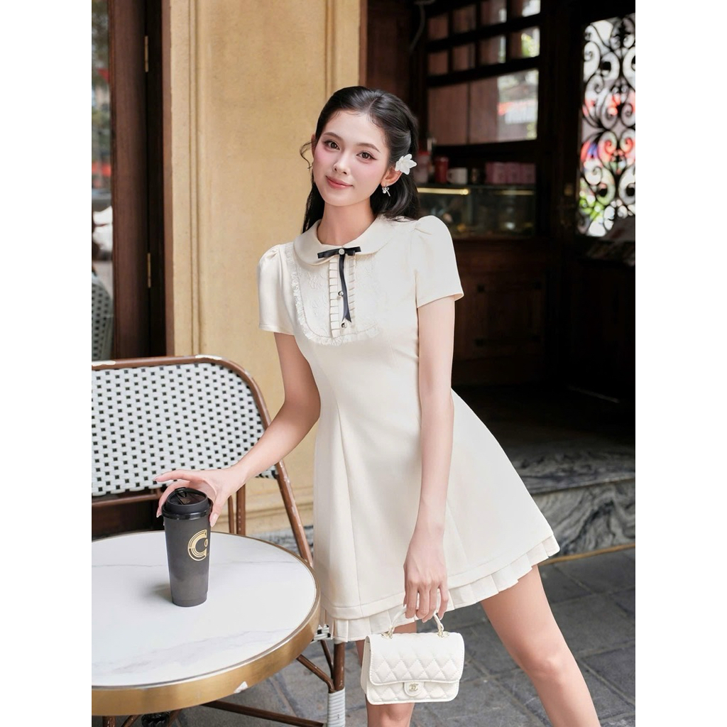 Váy nữ thiết kế cổ sen phối ren bèo đính nơ cao cấp , Đầm ngắn xoè cộc tay phối viền trắng dập ly tiểu thư sang chảnh