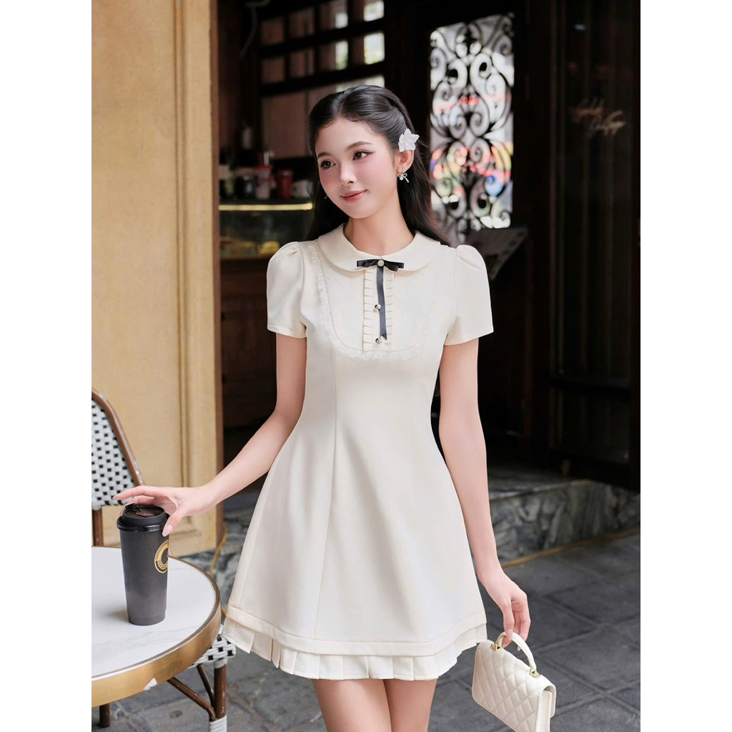 Váy nữ thiết kế cổ sen phối ren bèo đính nơ cao cấp , Đầm ngắn xoè cộc tay phối viền trắng dập ly tiểu thư sang chảnh