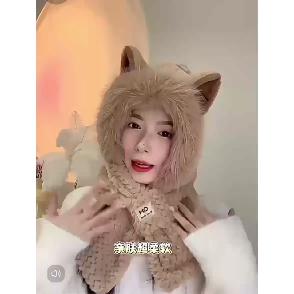 Mũ Len Nữ Trùm Đầu Kèm Khăn Tai Thỏ Siêu Đáng Yêu Ấm Áp, Mũ Len Lông Cừu Cực Mềm Mịn Thời Trang 2025