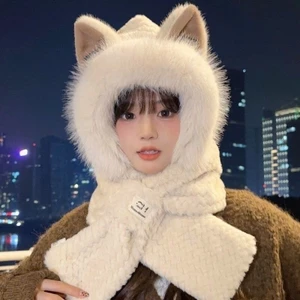 Mũ Len Nữ Trùm Đầu Kèm Khăn Tai Thỏ Siêu Đáng Yêu Ấm Áp, Mũ Len Lông Cừu Cực Mềm Mịn Thời Trang 2025